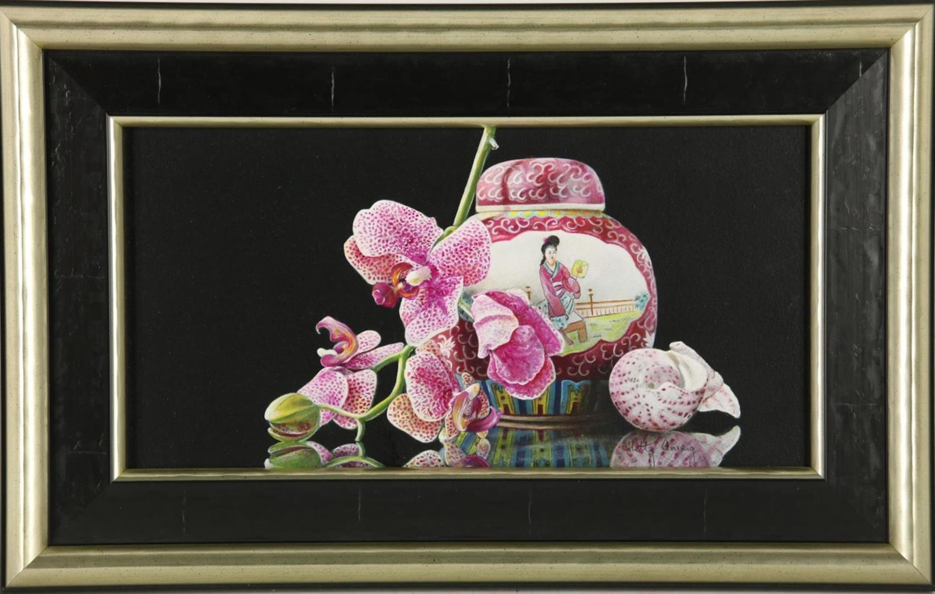 Hetty Ansing (1949-) Still life "A branch of Orchids", signed right below, panel 20 x 40 cm. - Image 2 of 4