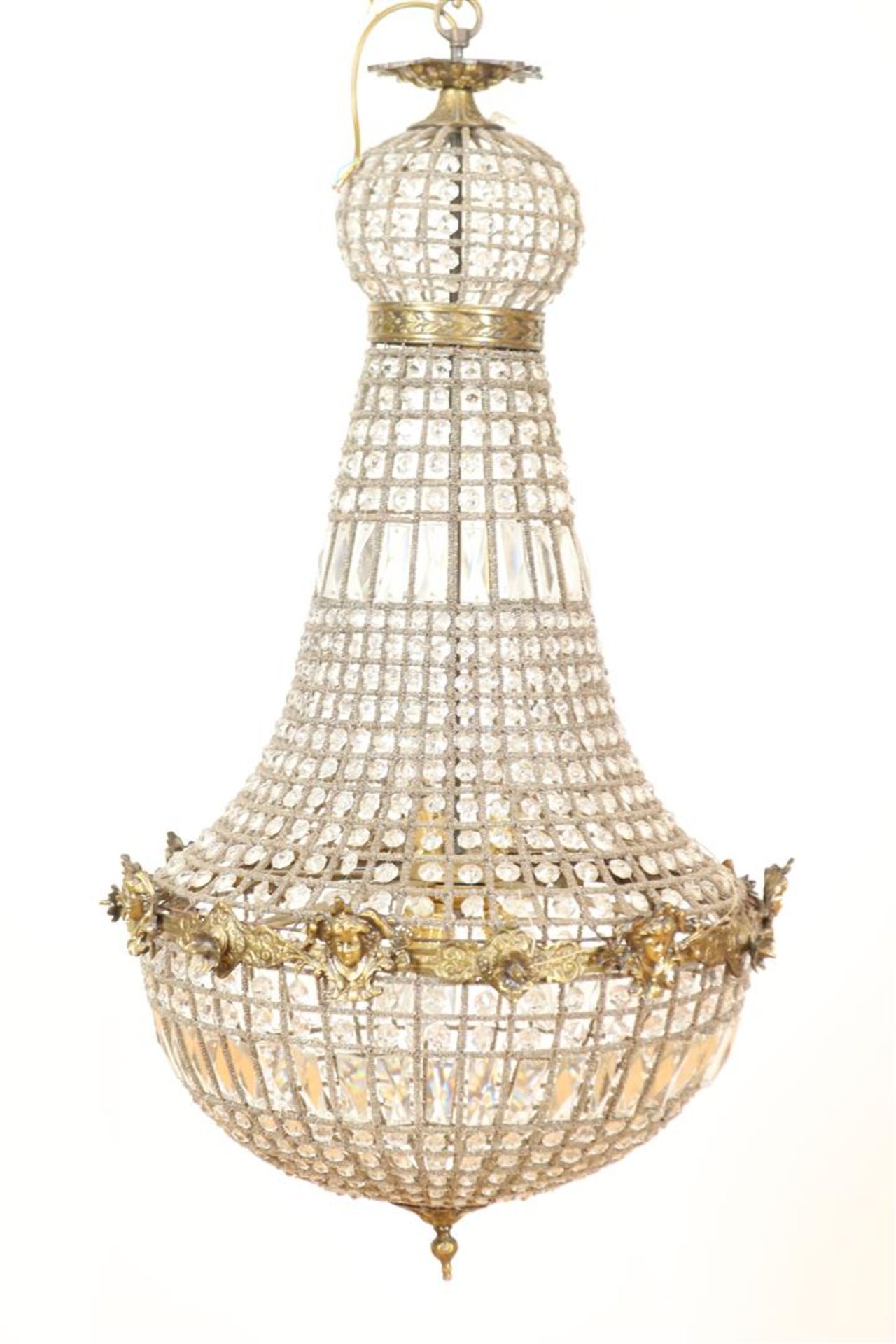Bronze 6-light pocket crown with maskons and glass beads, h. 100 cm.