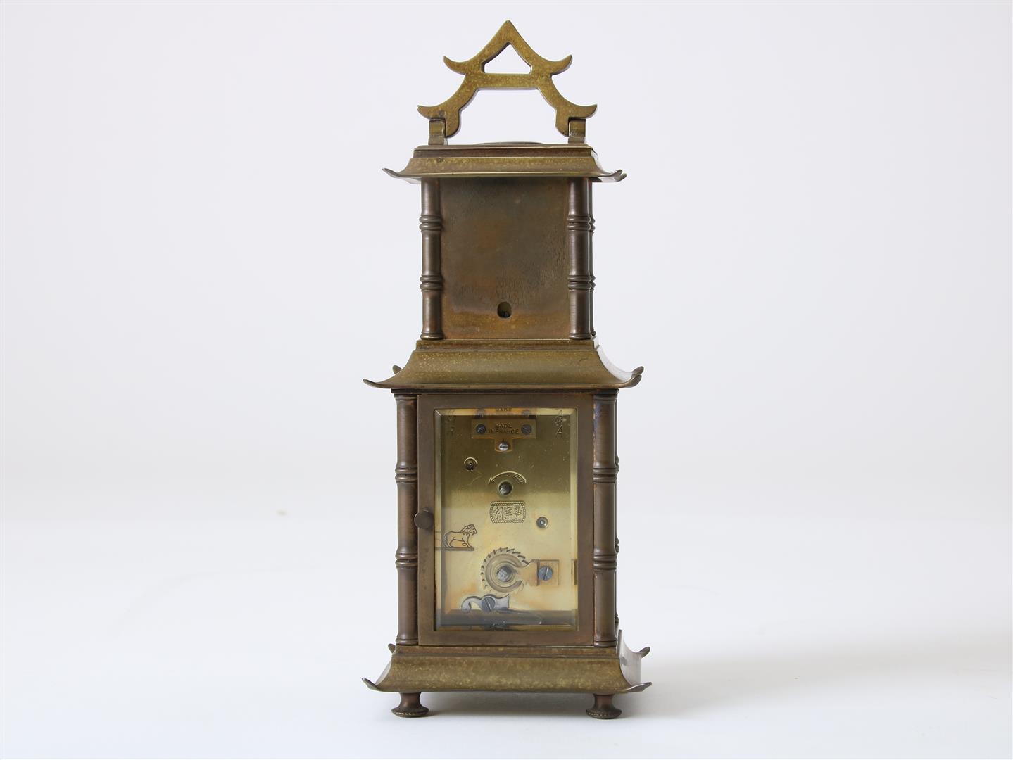 Gilt brass 'compendium' travel clock crowned with weather station, with white enamel dial with Roman - Image 4 of 7