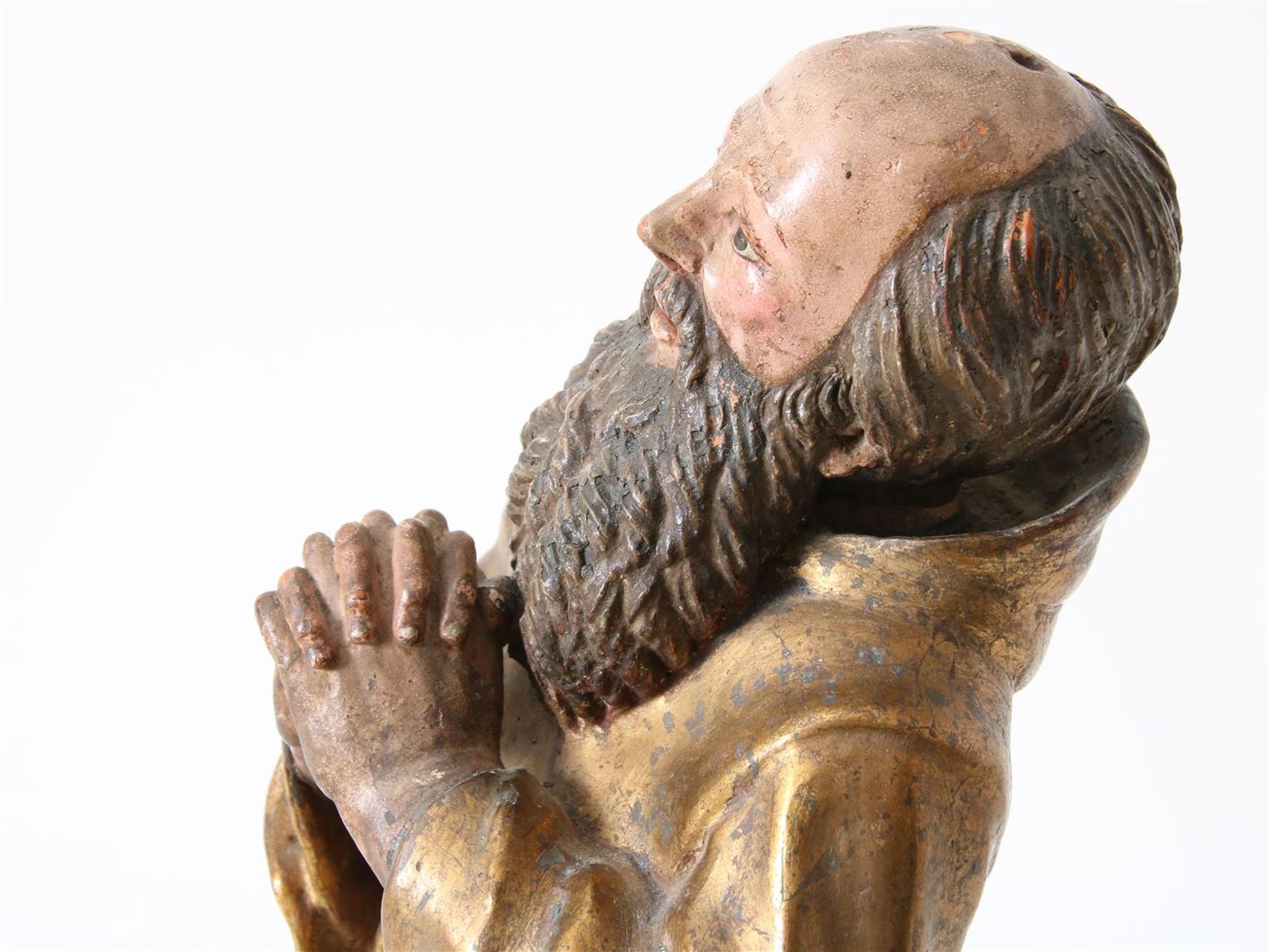 Partly gilded terracotta sculpture of kneeling Saint Francis of Paula (1416-1507) with beard and - Image 15 of 16