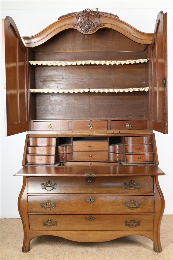 Oak Louis XVI writing cabinet, arched hood with carved ornaments, behind the flap an interior with - Image 2 of 6