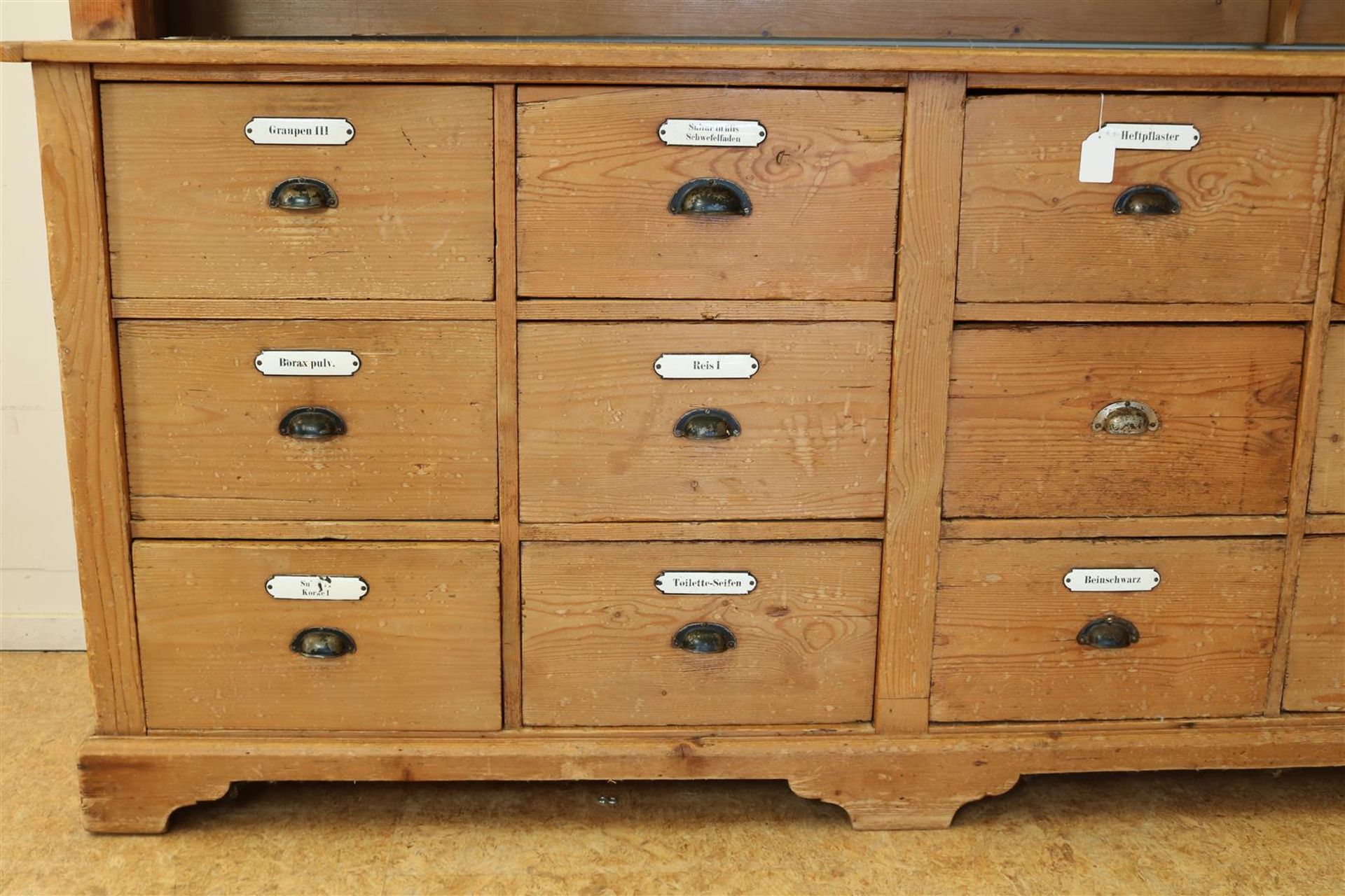 Pine pharmacist's cabinet, upstand with 7 partly glass doors, base cabinet with 18 spice drawers - Image 3 of 9