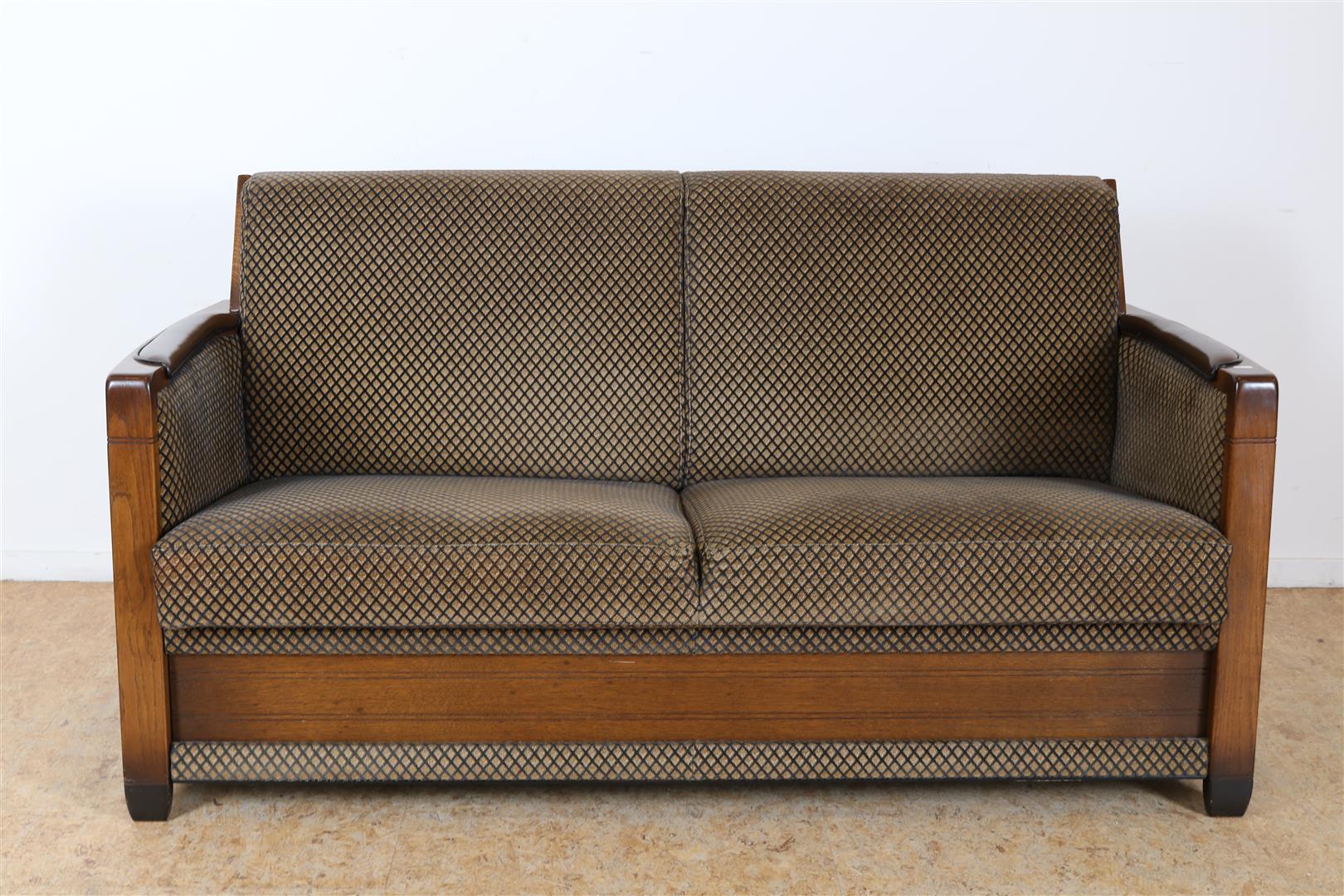 Oak Schuitema 2 person sofa with brown checked fabric upholstery, 82 x 160 x 70 cm.