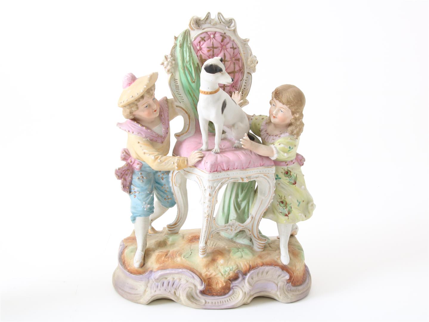 Lot of a polychrome biscuit porcelain sculpture group of 2 children with a dog on a chair, height 28 - Image 2 of 5