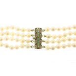 4-row pearl necklace, so-called 'collier de chien', yellow gold elongated clasp set with diamonds,