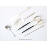 Lot of silver serving cutlery including wooden salad cutlery with silver knobs, fish scoops, meat