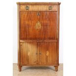 Mahogany secretary with inlaid panel with floral basket trim, with top flap and 2 doors