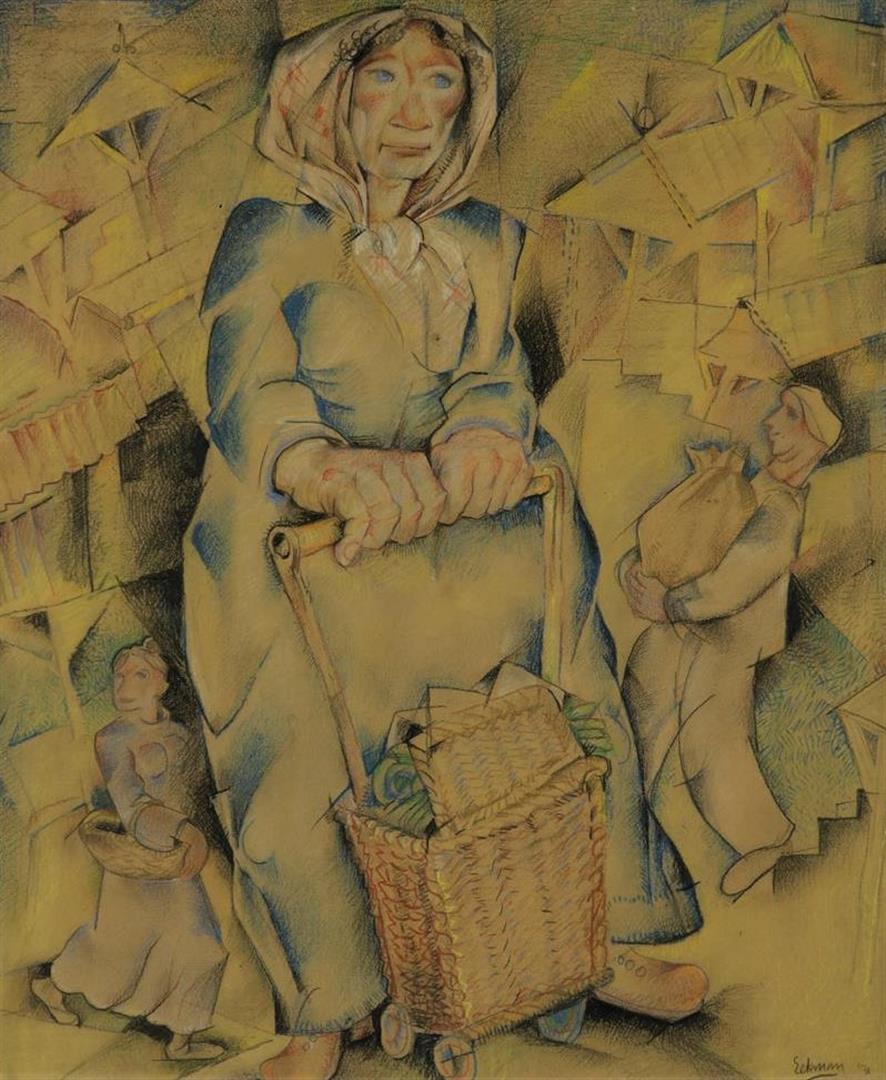 Nicolaas Matthijs Eekman (1889-1973) Women figures with shopping basket, signed and dated '31,