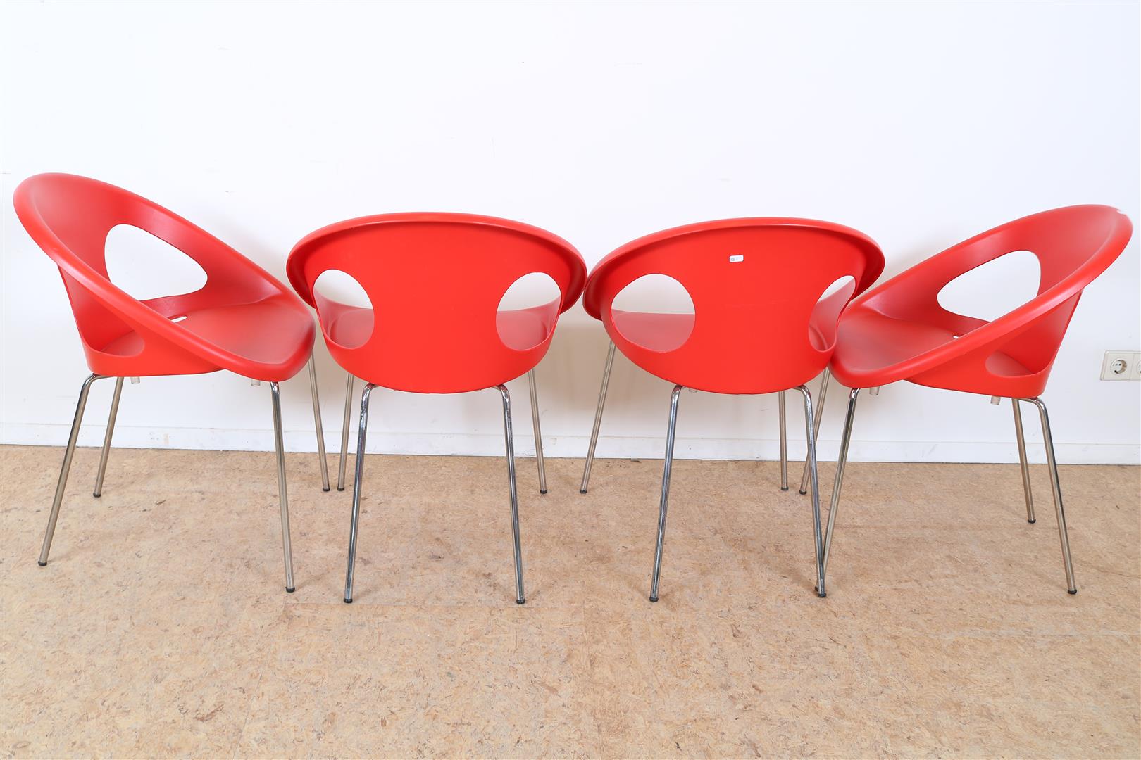 Series of 12 red plastic bucket chairs on chrome legs, marked on the bottom Drop Scab, design - Image 3 of 5