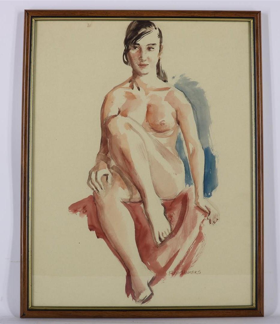 Flip Hamers (1909-1995) Naked lady, signed lower right, watercolor on paper 64 x 49 cm. - Image 2 of 4