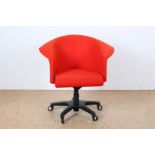 Office chair with red fabric upholstery on black plastic swivel base, label Arflex (moth holes in