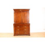 Mahogany cabinet with straight hood, 2 panel doors and 4 drawers, 19th century, 197 x 125 x 52 cm.