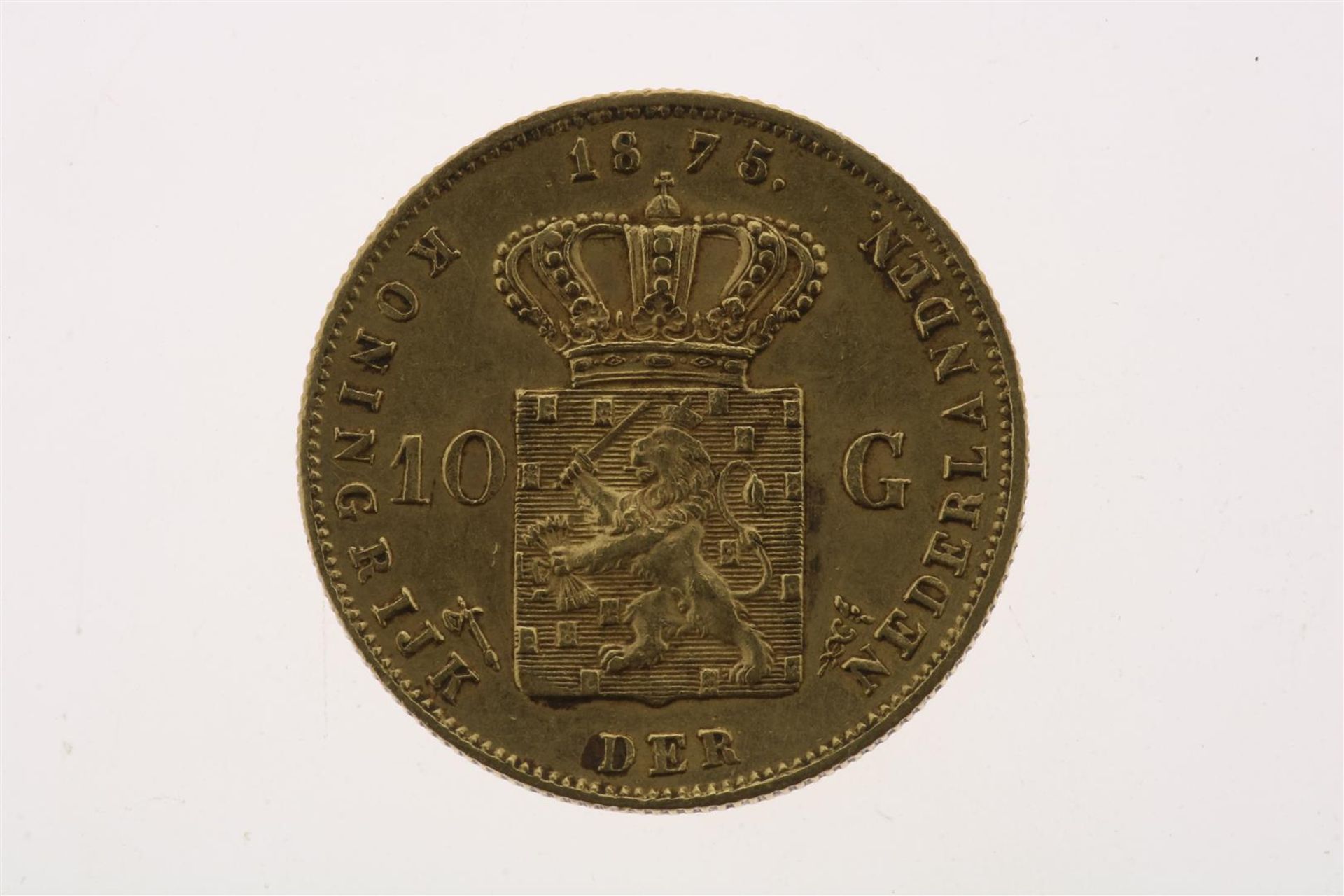 Gold tenner with image of Willem III, looking to the right, 1875, weight 6.72 grams. - Image 2 of 2
