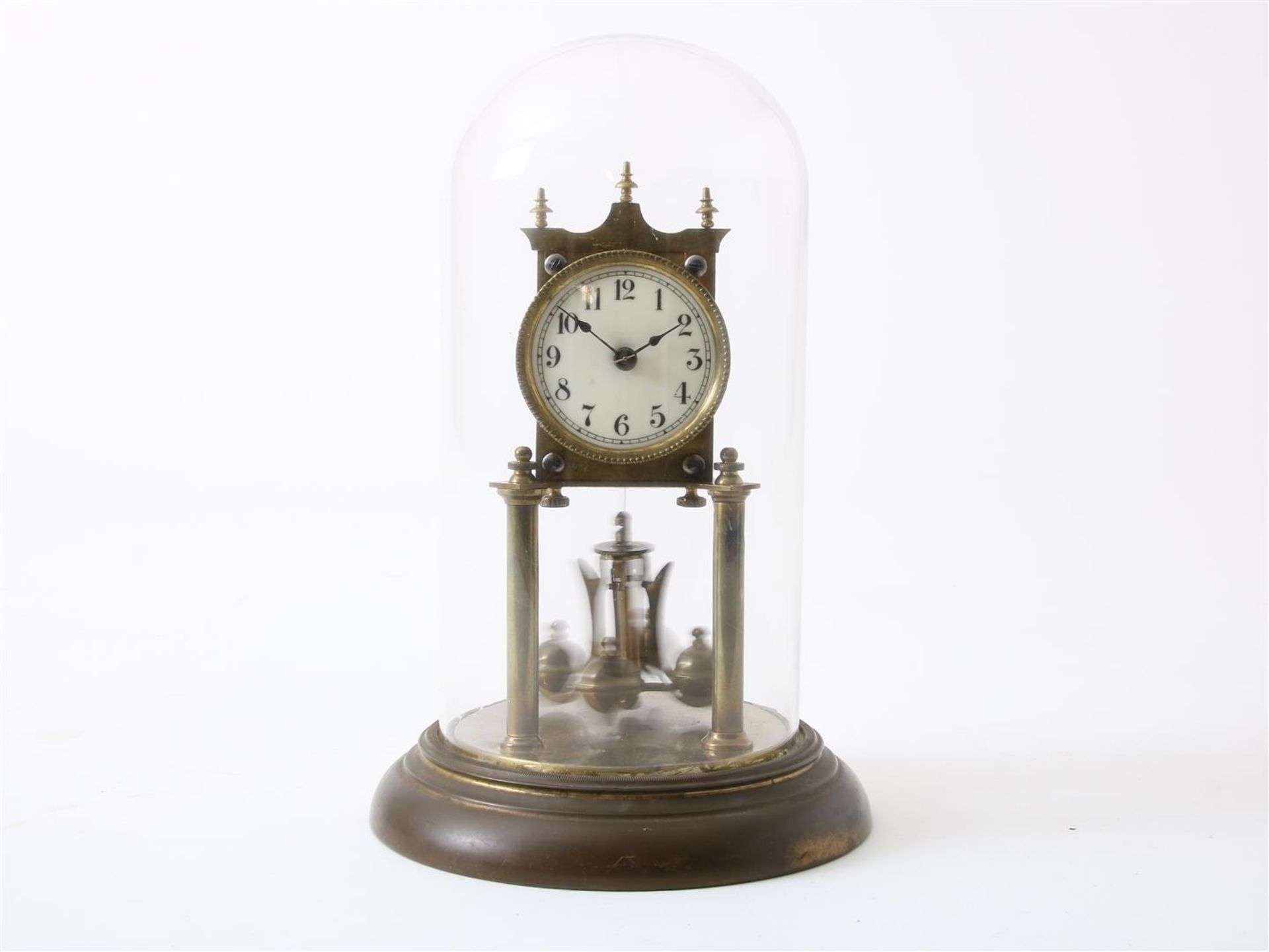 Brass year mantel clock with enamel dial, so-called 400 day clock under glass bell jar, circa