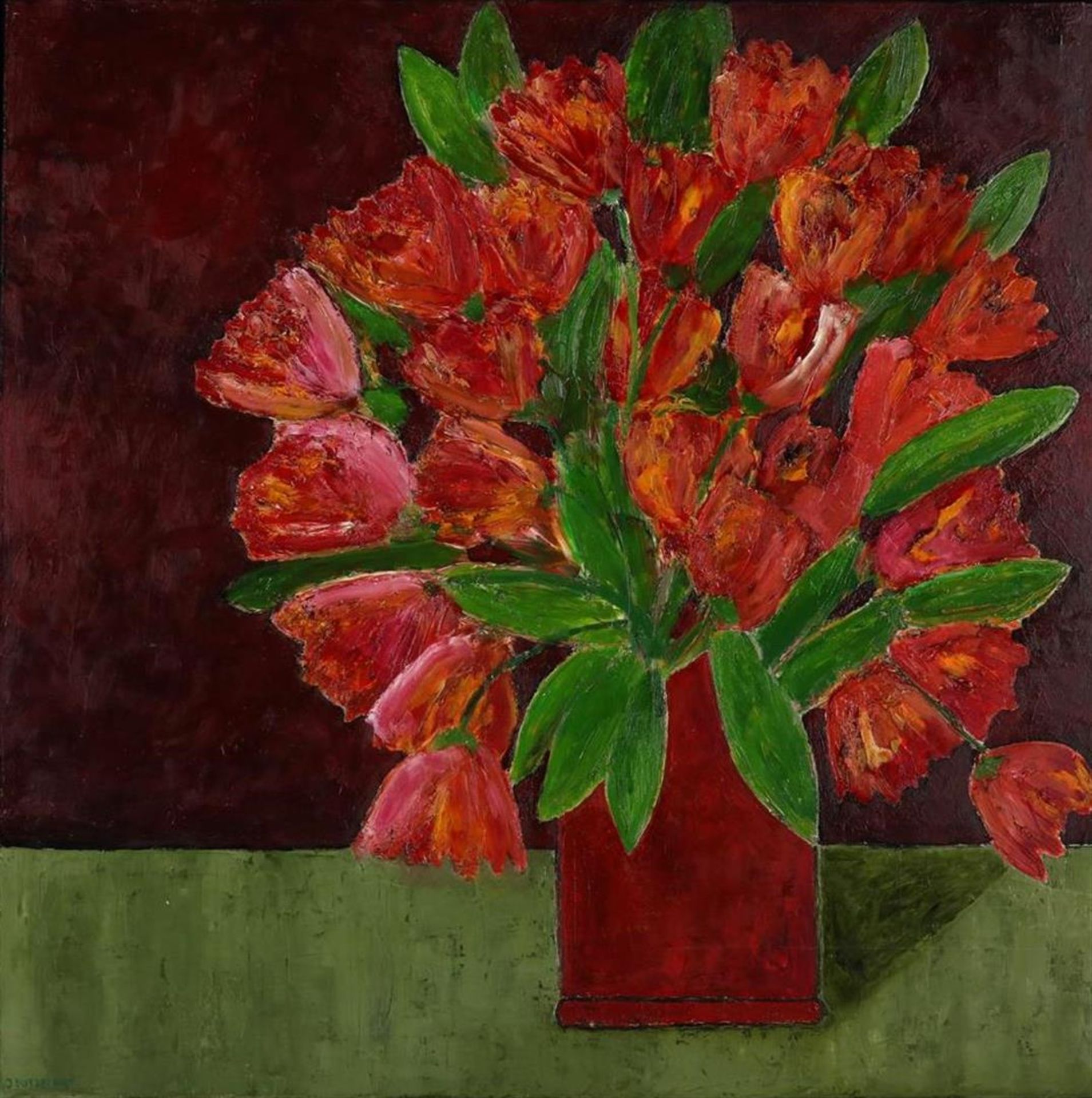 Hans Butzelaar (1945-) Still life with tulips, signed lower left. Oil on panel, 70 x 70 cm.