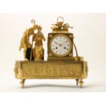 Ormolu bronze Empire mantel clock, crowned with shepherd with staff and shepherdess with pan