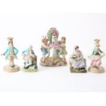 Lot of a polychrome biscuit porcelain sculpture group of 2 children with a dog on a chair, height 28