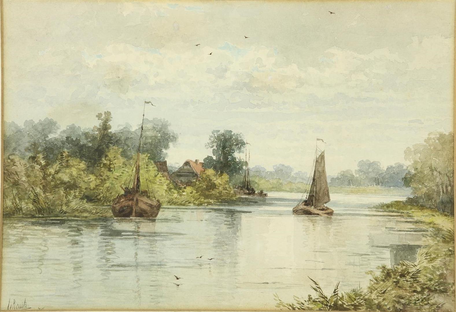 Sebastiaan Mattheus De Ranitz (1847-1917) River view with ships, signed lower right, watercolor 24 x