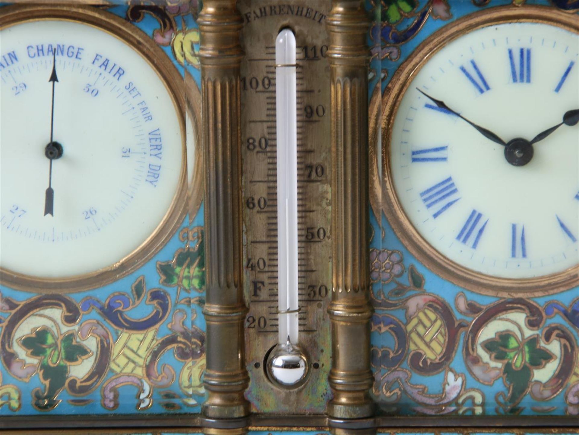 Gilt brass double 'compendium' travel clock, equipped with enamel dials with Roman numerals, - Image 4 of 8