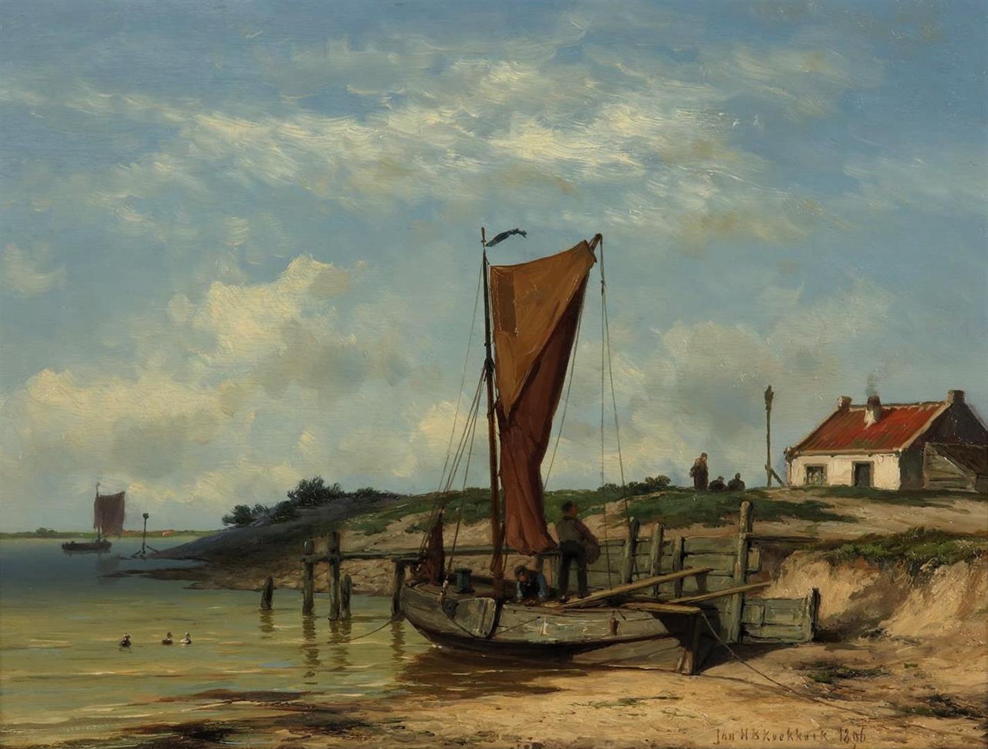 Johannes Hermanus Barend Koekkoek (1840-1912) Beach scene 'Unloading the catch' signed and dated