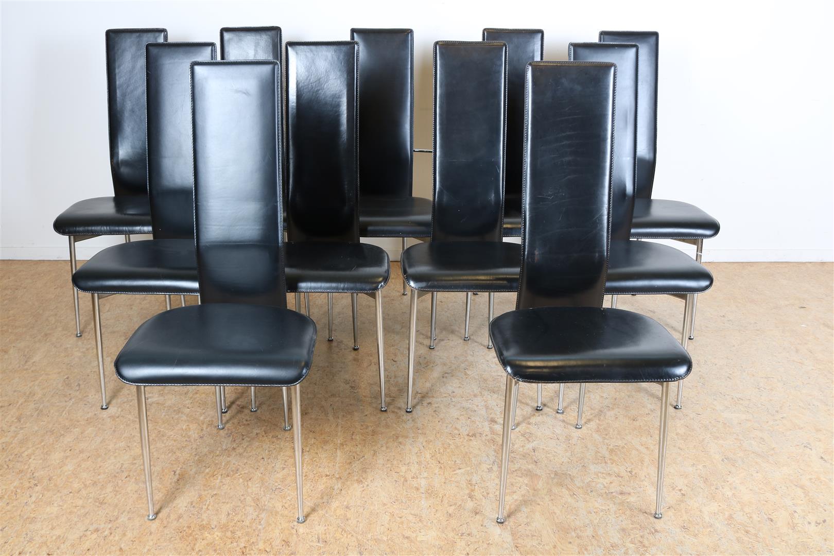 Series of 11bauhaus style dining room chairs, including 1 armchair with black saddle leather seat on