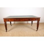 Mahogany Victorian partner desk with green leather inlaid top and 6 drawers on turned legs ending in