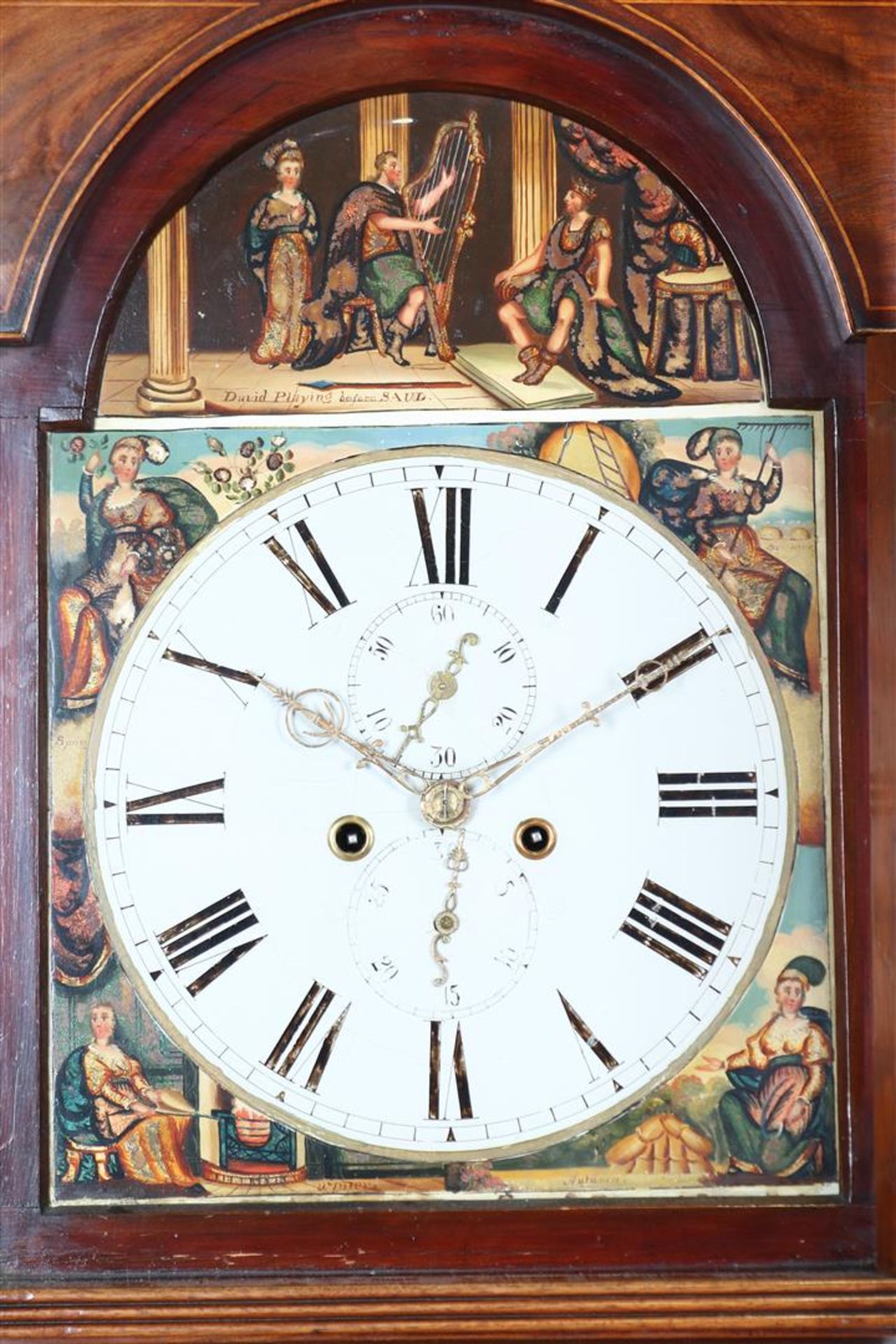 Longcase watch with painted dial, images of "David Playing before Saul" and the 4 seasons, England - Image 5 of 10