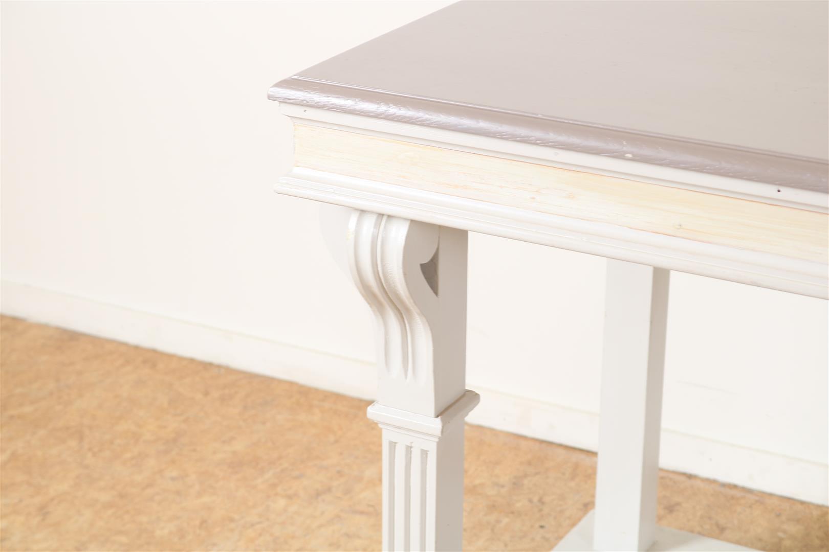 Oak white-painted side table with gray painted top on 6 block legs connected by platform, 82 x 200 x - Image 3 of 5