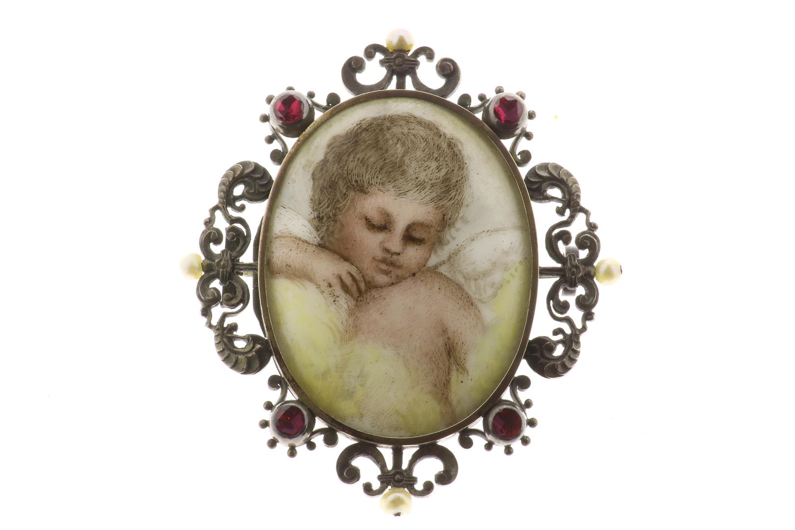 Silver richly decorated memento mori medallion brooch, with painting of an angel on porcelain,