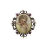 Silver richly decorated memento mori medallion brooch, with painting of an angel on porcelain,