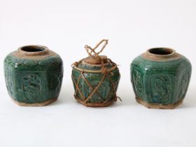 lot of 3 green-glazed earthenware ginger jars