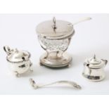 Lot with silver mustard pot and 2 salt cellars, and 2 salt and mustard spoons, various colors