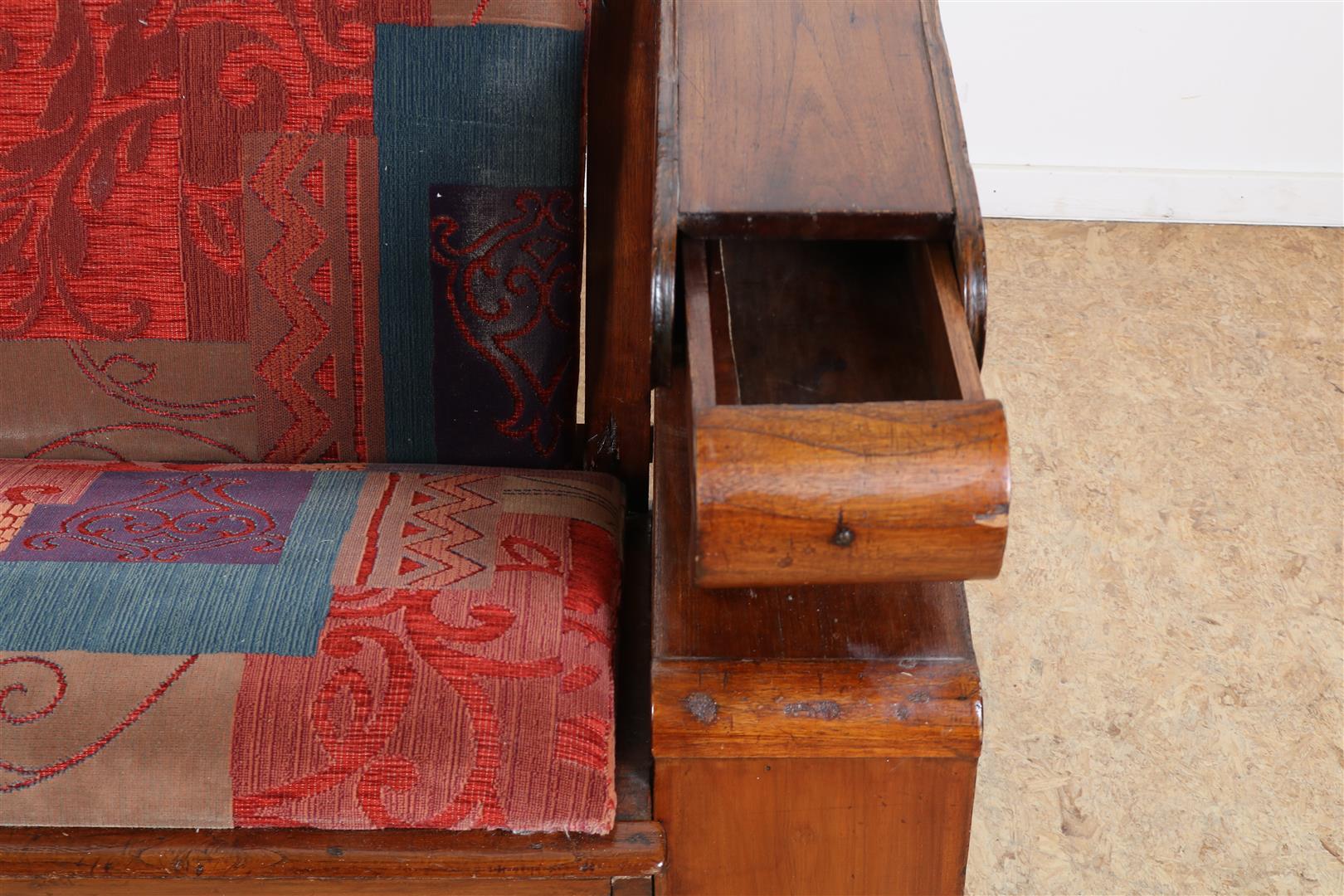 Teak Art Deco sofa with bookcases and drawer in armrest with colored velvet upholstery, Indonesia - Image 3 of 4