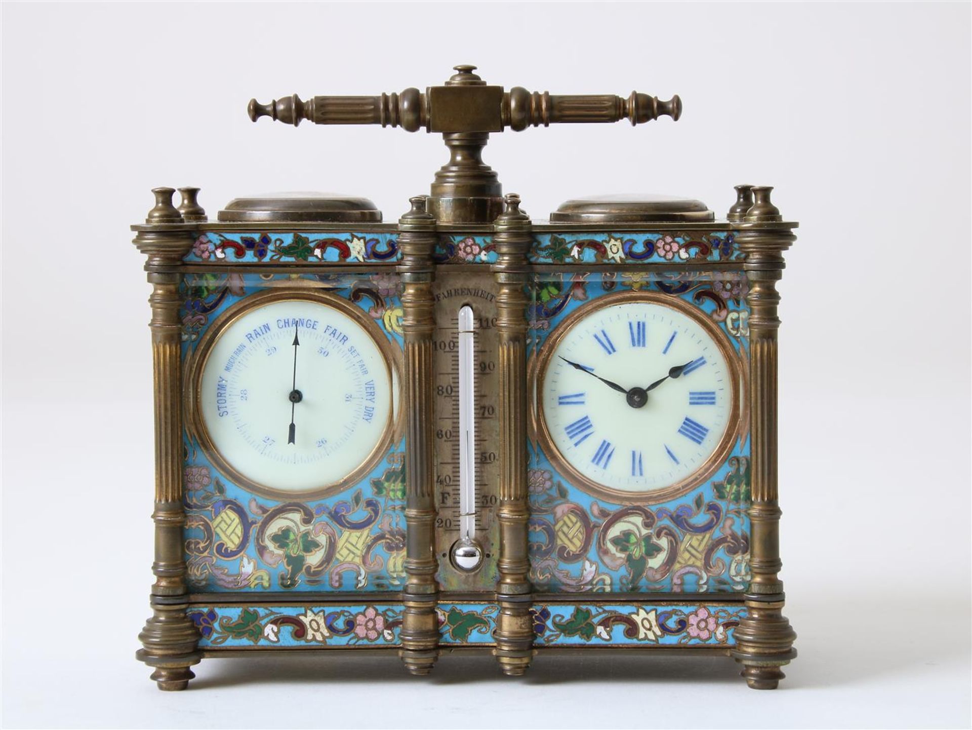 Gilt brass double 'compendium' travel clock, equipped with enamel dials with Roman numerals,