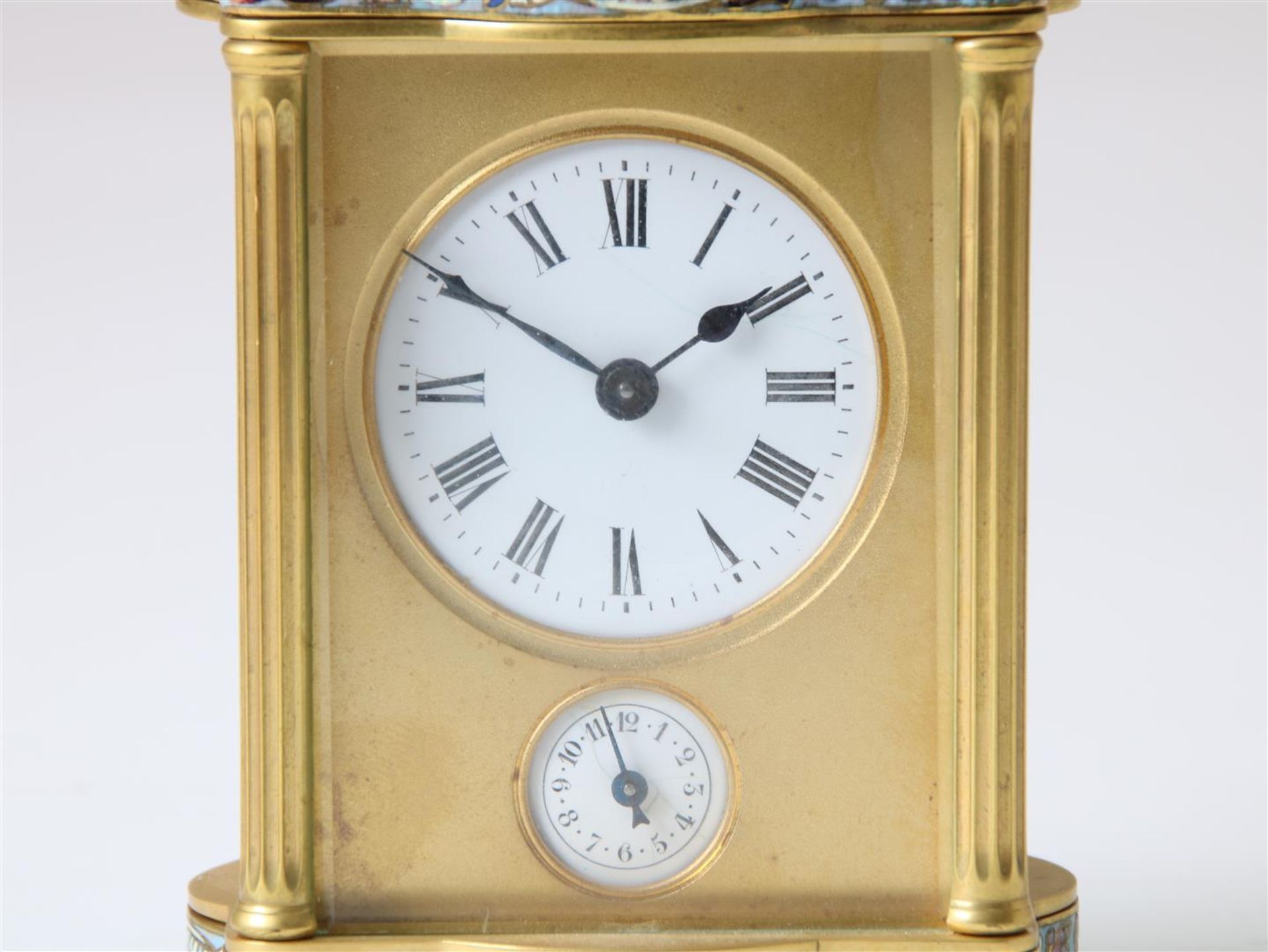 Gilt brass travel clock with enamel dial with Roman numerals, alarm clock with Arabic numerals, with - Image 2 of 7