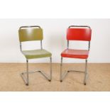 Two tubular frame dining room chairs with red and green lacquered wooden seat and backrest, W.H.