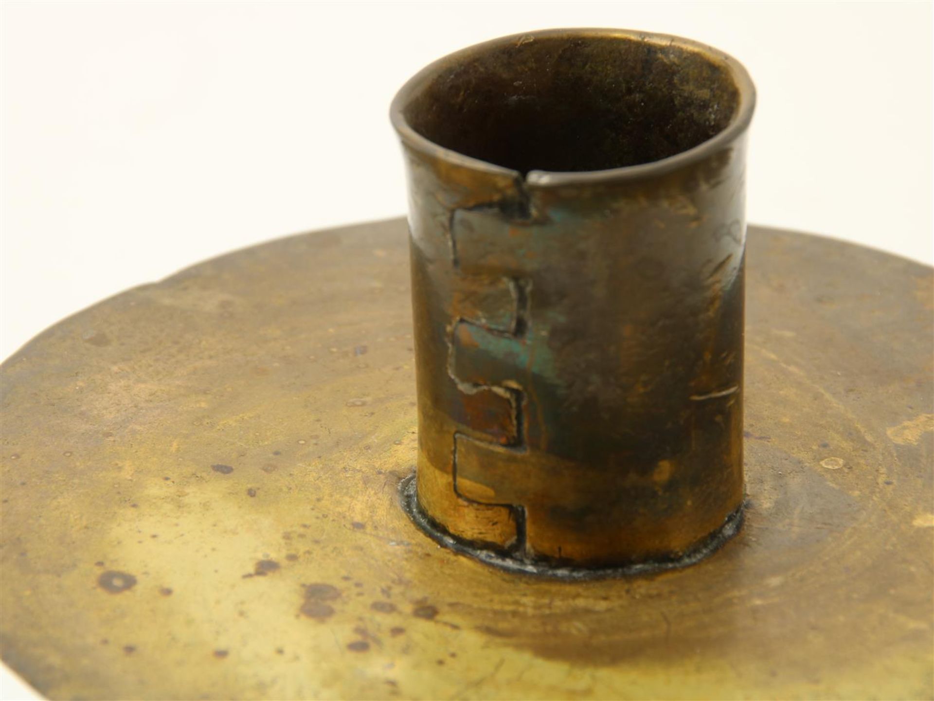 Bronze candlestick on wooden base, dovetail candle holder, possibly Spain, 17th century, height 10.5 - Image 3 of 4