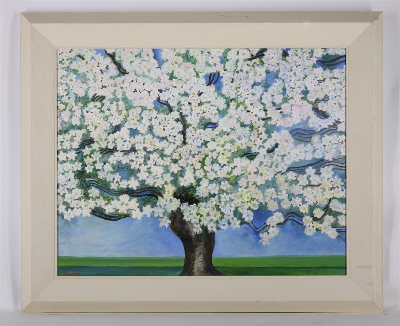 Hans Butzelaar (1945-) Blossom tree, signed lower right. Oil on panel 76 x 97 cm - Image 2 of 4