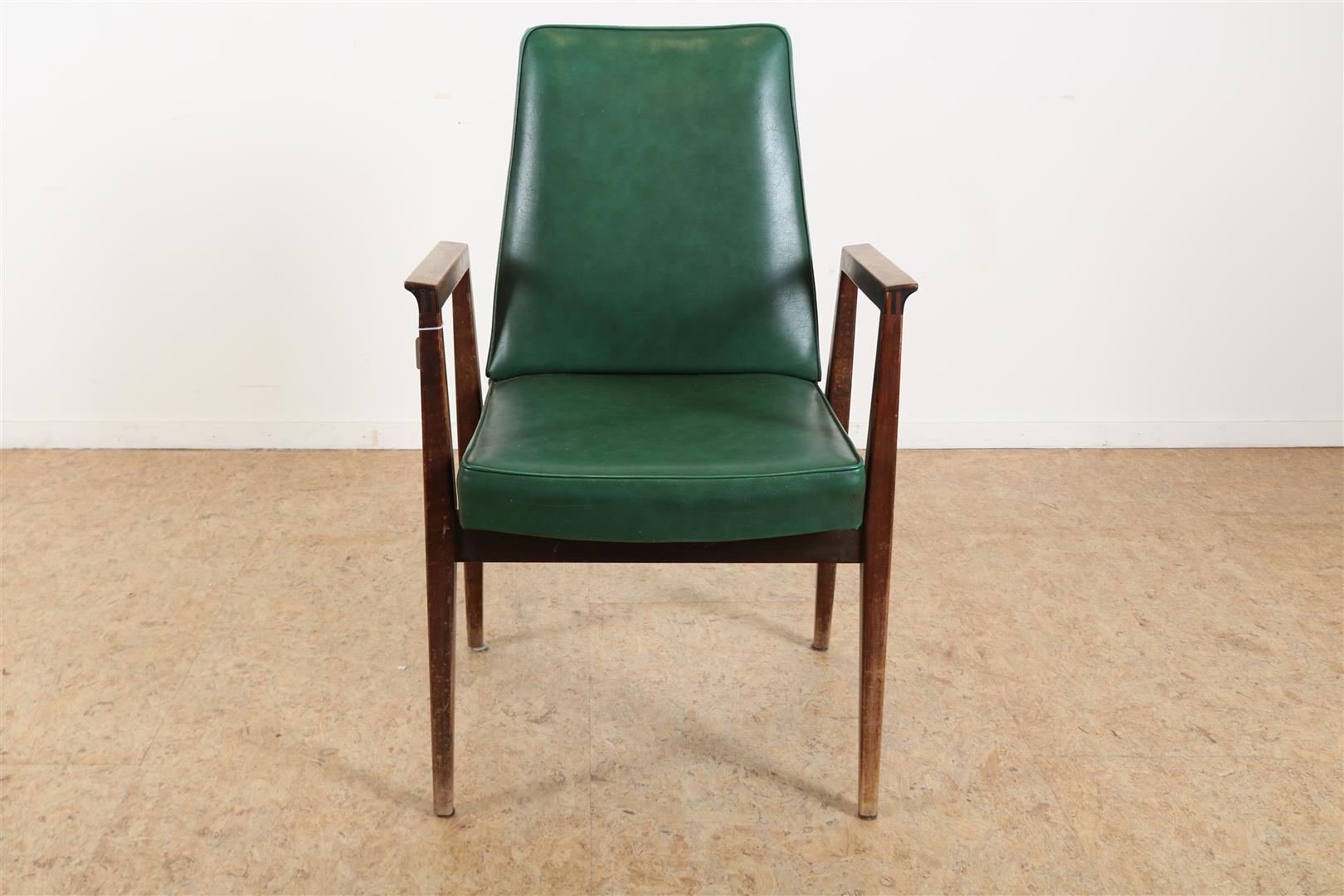 Thonet chair with green leatherette upholstery, midcentury, label on the bottom. (Upholstery with