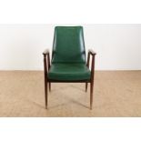 Thonet chair with green leatherette upholstery, midcentury, label on the bottom. (Upholstery with