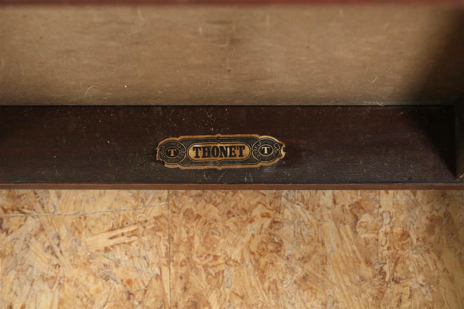 Thonet chair with green leatherette upholstery, midcentury, label on the bottom. (Upholstery with - Image 7 of 7