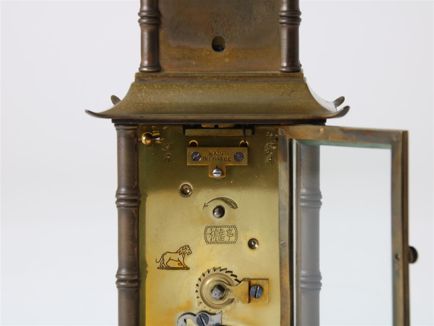 Gilt brass 'compendium' travel clock crowned with weather station, with white enamel dial with Roman - Image 6 of 7