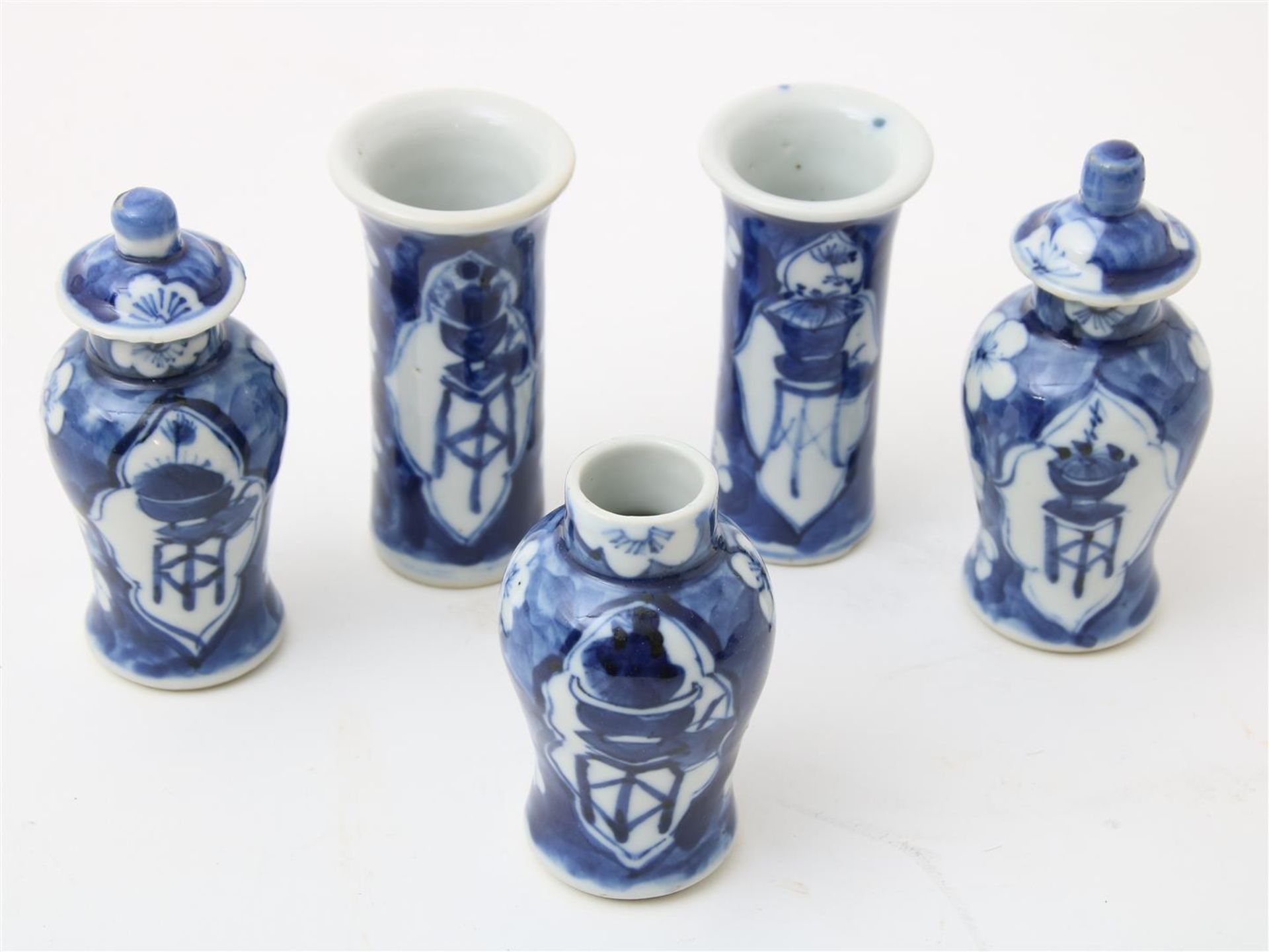Porcelain miniature cupboard set, lidded vases and 2 tube vases decorated with cracked ice decor and - Image 3 of 4