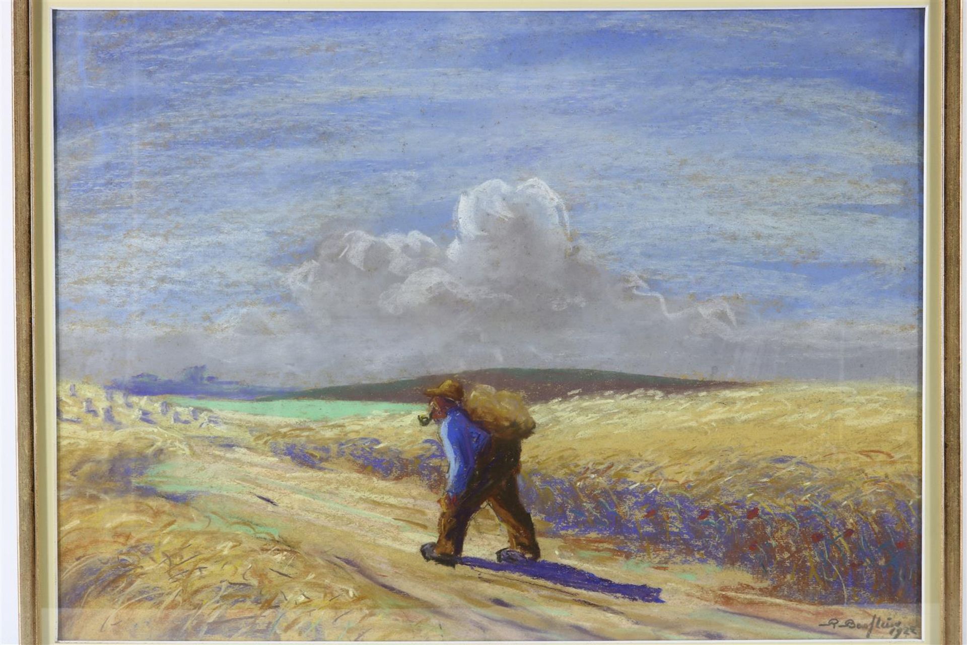 Farmer and man plowing along the cornfields, unclearly signed and dated 1922 lower right, gouache 40 - Image 5 of 8