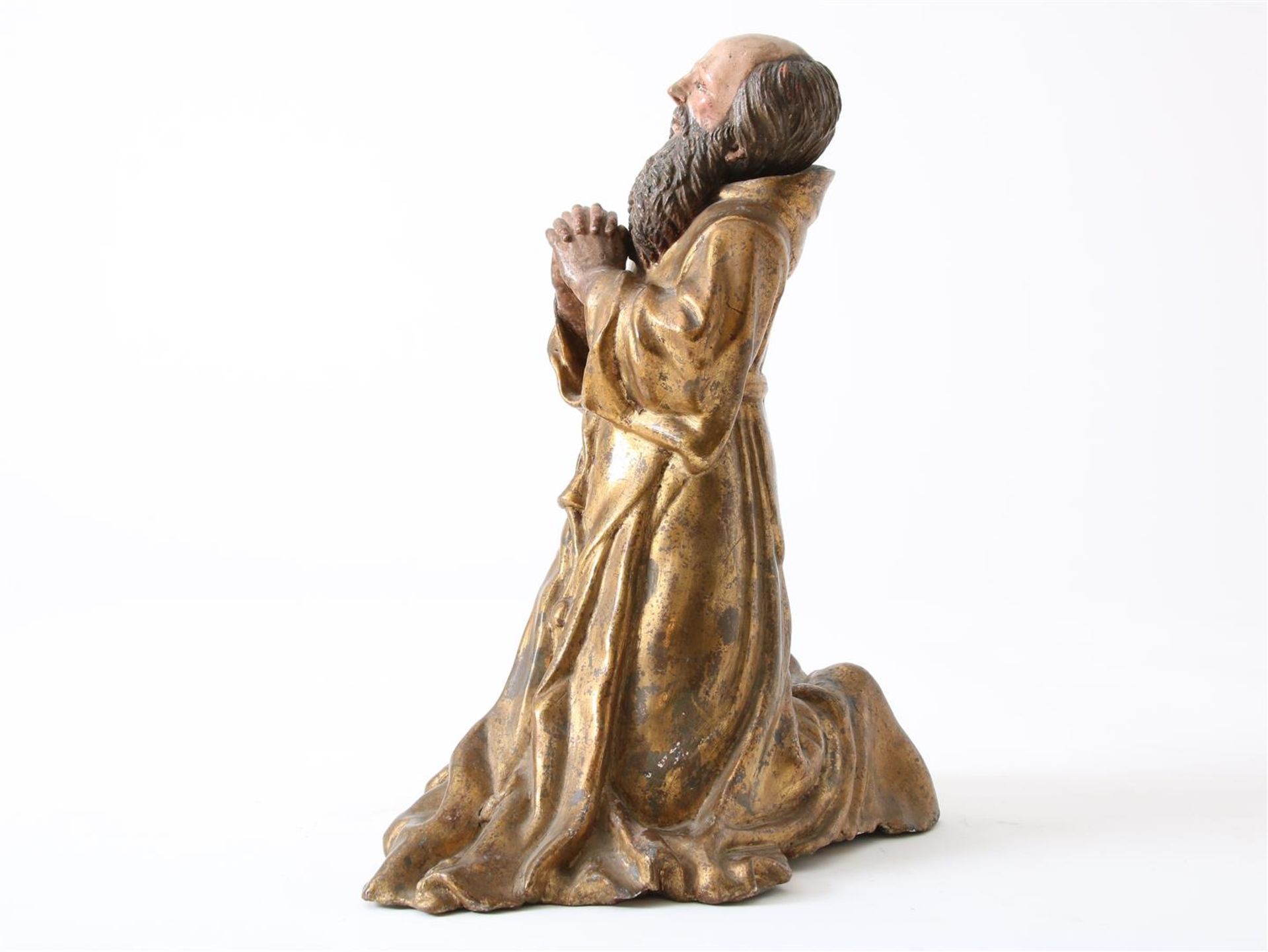 Partly gilded terracotta sculpture of kneeling Saint Francis of Paula (1416-1507) with beard and - Image 4 of 16