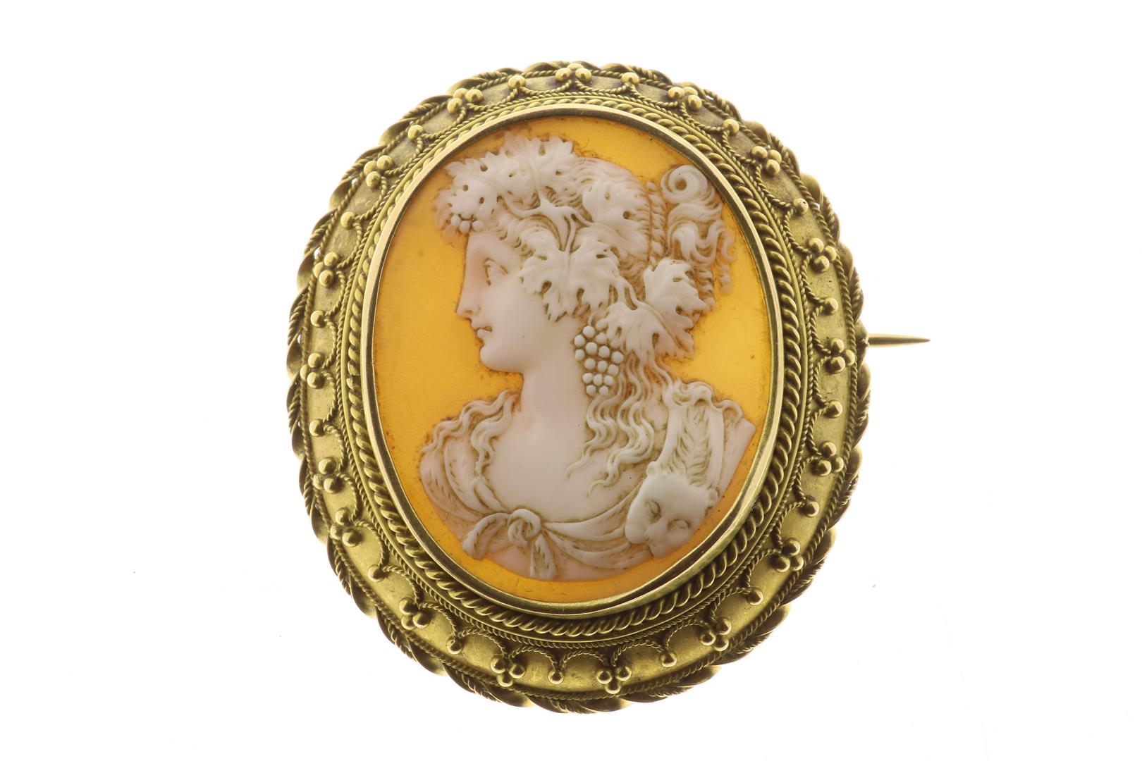 Cameo mounted in gold filigree decorated oval frame, with image of Vertumnus (goddess of autumn)