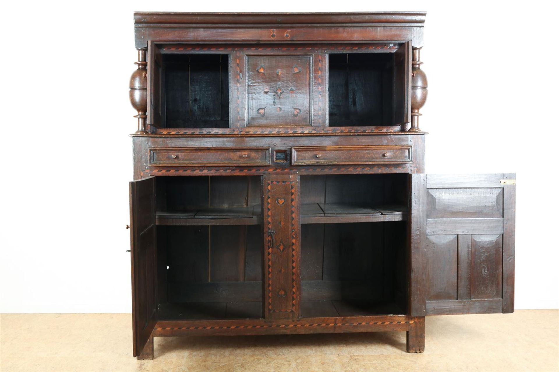Oak sideboard, upper cabinet with straight hood and 2 panel doors inlaid with fruit wood supported - Image 2 of 9
