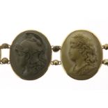 Yellow gold bracelet set with colored lava cameos depicting gods looking left and right in