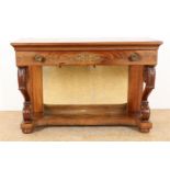 Mahogany Empire trumeau with plinth drawer on volutes with carved acanthus leaves, 2 side leaves and