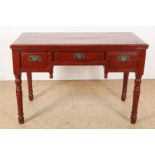 Red-painted elm wood writing table with 3 drawers on turned legs, China Qing Dynasty (1644-1912),